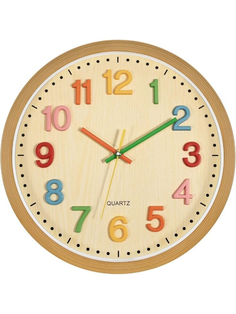 Colorful Non-Ticking Kids Wall Clock - Battery Operated, 3D Numbers, 12 Inch